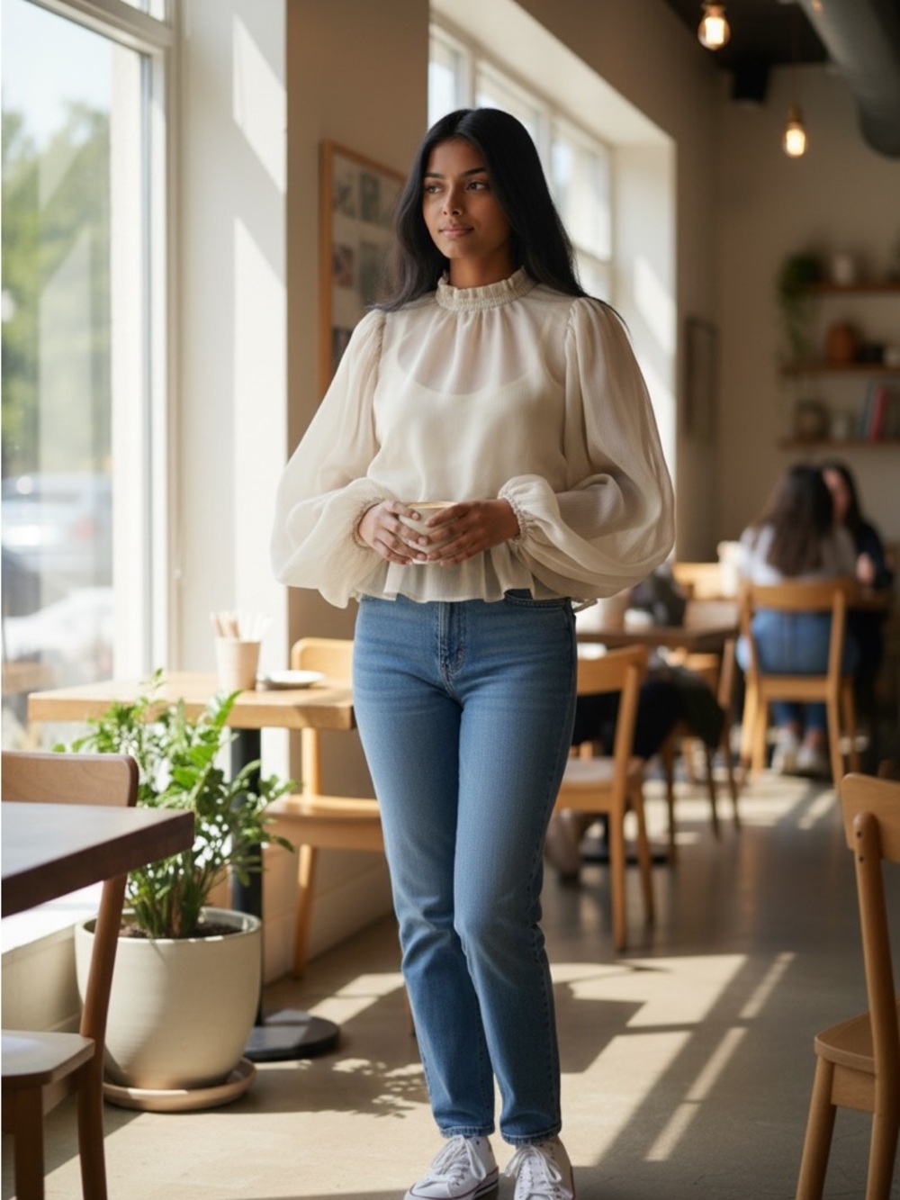 HYFVE Boho Smocked Peplum Blouse Cream Sheer Balloon Sleeve Top S